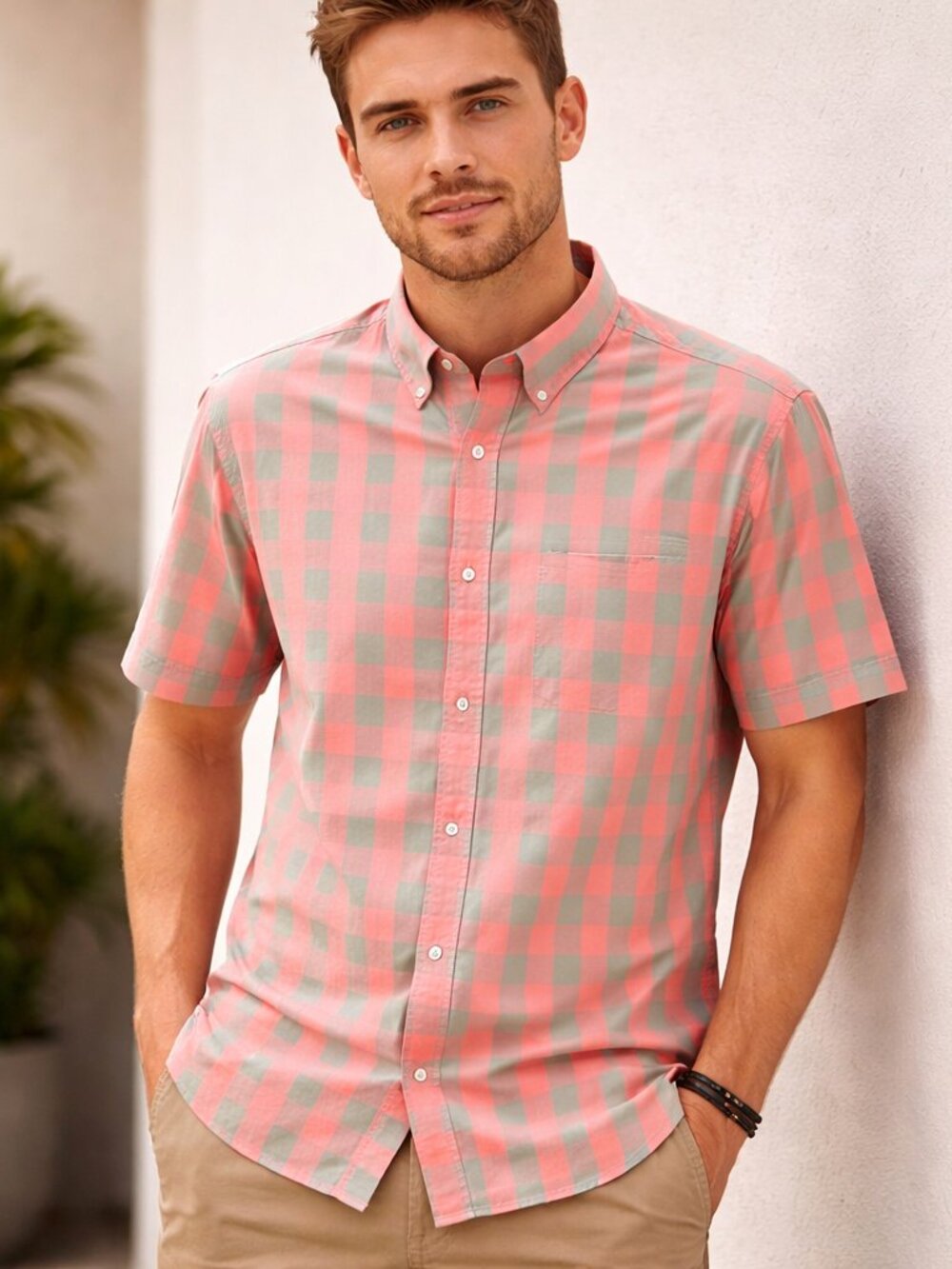 Rye Men's Coral and Gray Plaid Shirt